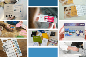 A collage of images showing various skin patch test cards, hands using them, branded packaging, and a person in a lab