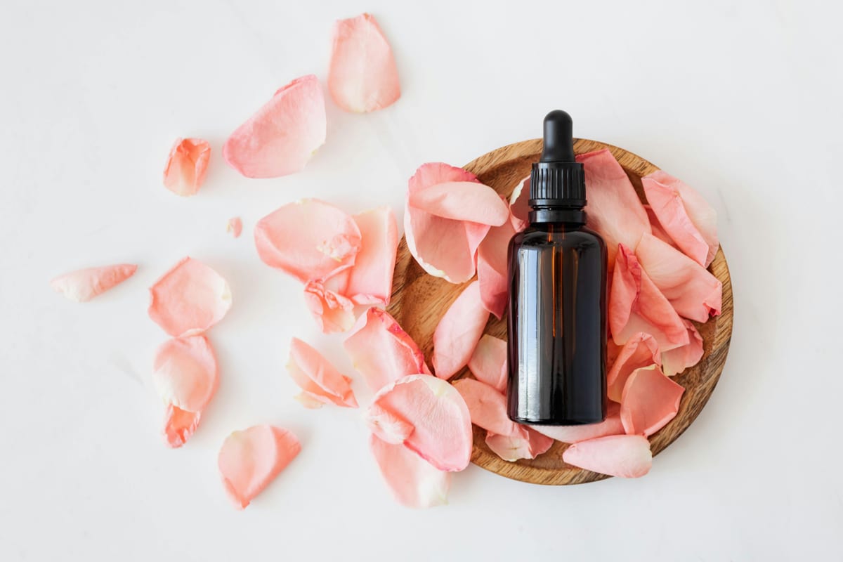 Top view of empty brown bottle for skin care product placed on wooden plate with fresh pink rose petals on white