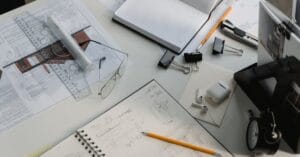 A workspace with architectural drawings, a notebook with sketches, a pencil, a pair of glasses, binder clips, AirPods