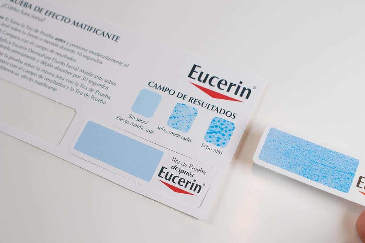 Eucerin Mattifying Effect Test Strip and Result Chart with Sebum Levels Indication in Spanish Instructions