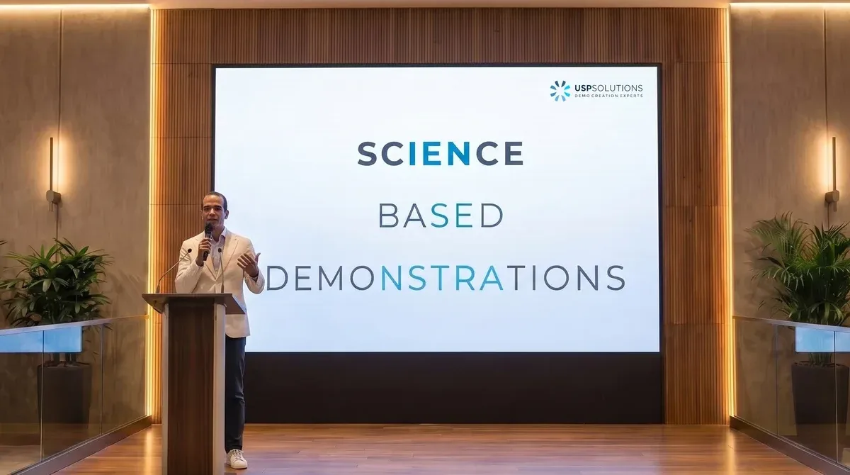 USP Demo Solutions presenter delivering a science-based demonstrations talk on stage during a Demo Upskilling workshop